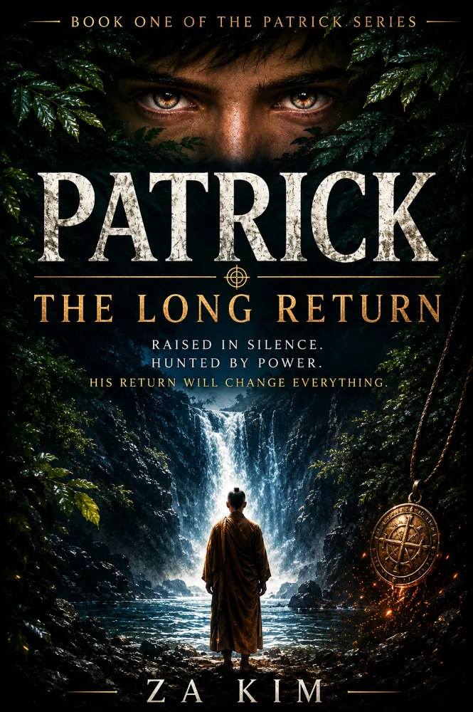 Book cover from the Patrick series , blue eyes showing looking at a monk over a waterfall